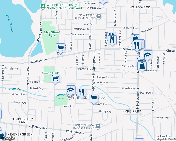 map of restaurants, bars, coffee shops, grocery stores, and more near 1307 Hyde Park Boulevard in Memphis