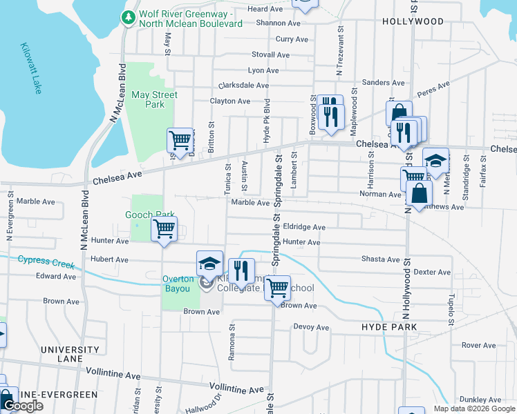 map of restaurants, bars, coffee shops, grocery stores, and more near 1307 Hyde Park Boulevard in Memphis