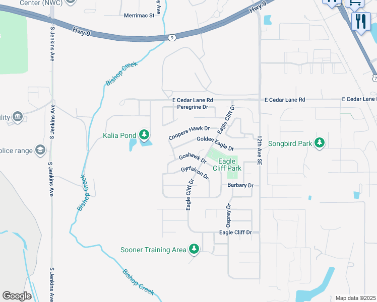 map of restaurants, bars, coffee shops, grocery stores, and more near 705 Goshawk Drive in Norman