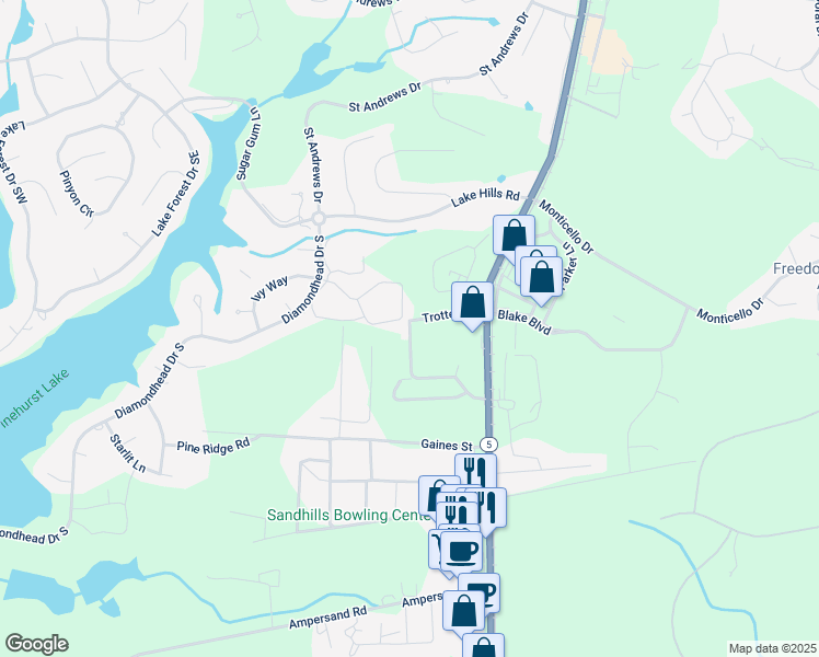 map of restaurants, bars, coffee shops, grocery stores, and more near 102 Llewellin Street in Pinehurst