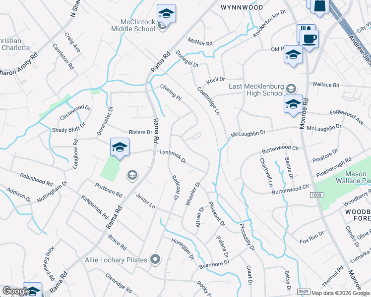 map of restaurants, bars, coffee shops, grocery stores, and more near 6124 Wheeler Drive in Charlotte