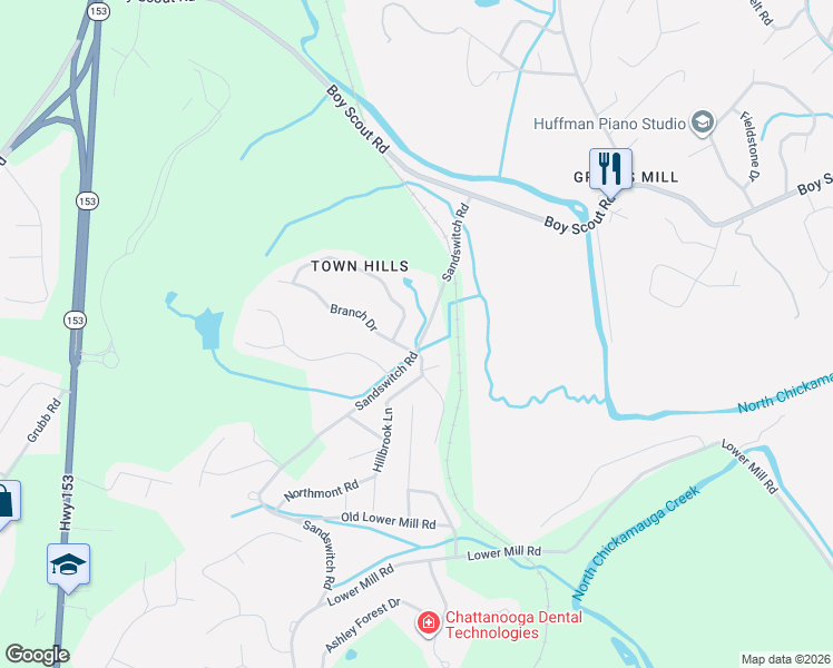 map of restaurants, bars, coffee shops, grocery stores, and more near 347 Branchwood Circle in Chattanooga