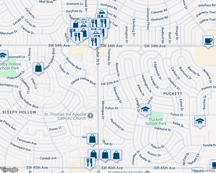 map of restaurants, bars, coffee shops, grocery stores, and more near 3621 Montague Drive in Amarillo