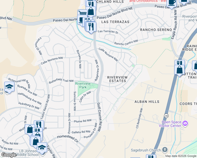 map of restaurants, bars, coffee shops, grocery stores, and more near 7719 Ridgeview Drive Northwest in Albuquerque