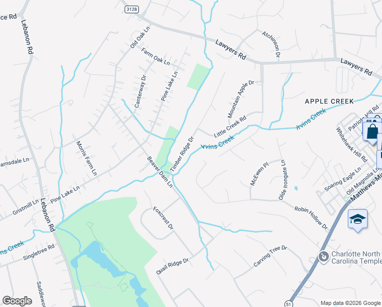 map of restaurants, bars, coffee shops, grocery stores, and more near 7300 Timber Ridge Drive in Mint Hill