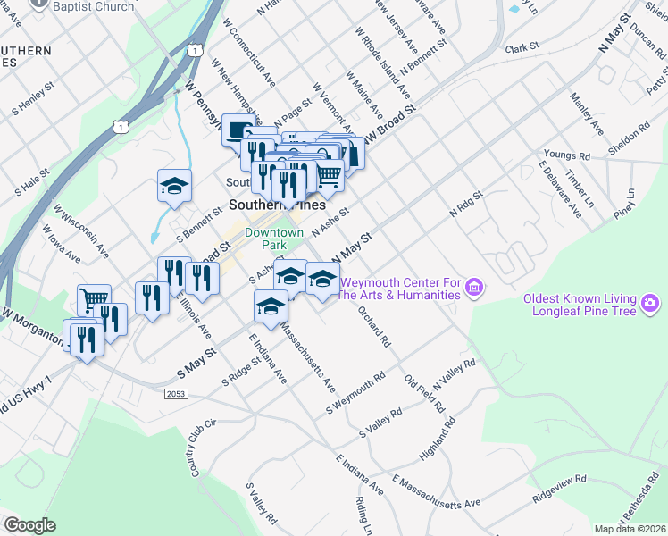 map of restaurants, bars, coffee shops, grocery stores, and more near 165 North May Street in Southern Pines