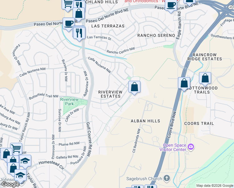 map of restaurants, bars, coffee shops, grocery stores, and more near 4216 Rio Colorado Road Northwest in Albuquerque