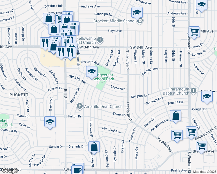 map of restaurants, bars, coffee shops, grocery stores, and more near 5225 Loyce Avenue in Amarillo