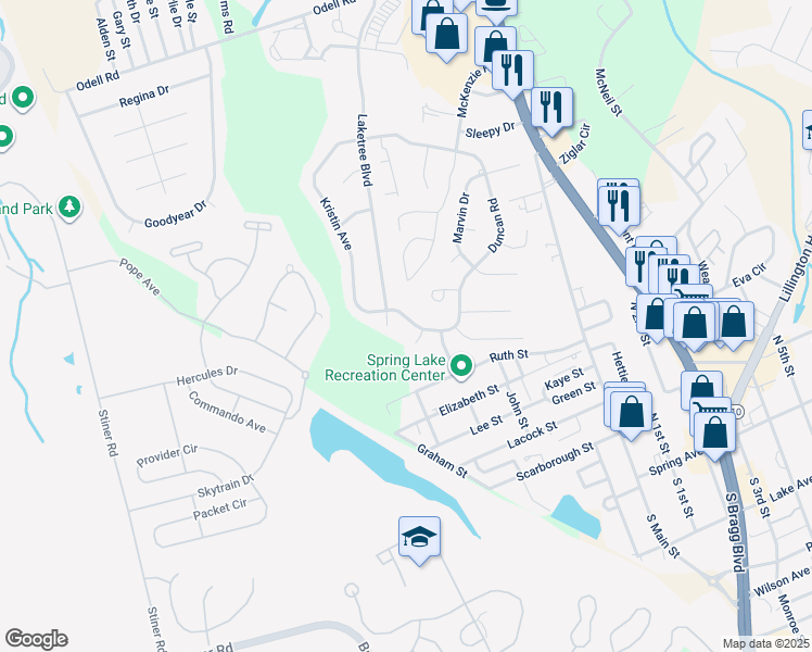 map of restaurants, bars, coffee shops, grocery stores, and more near 607 Duncan Road in Spring Lake