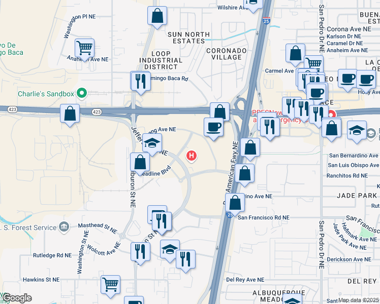 map of restaurants, bars, coffee shops, grocery stores, and more near 7800 Headline Boulevard Northeast in Albuquerque