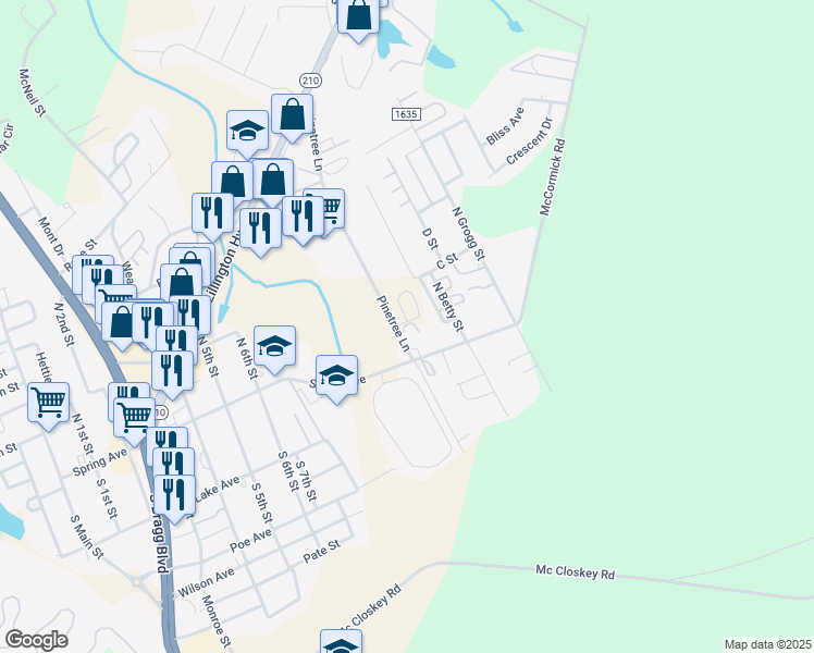 map of restaurants, bars, coffee shops, grocery stores, and more near 105 Micaville Circle in Spring Lake