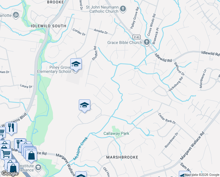 map of restaurants, bars, coffee shops, grocery stores, and more near 7630 Aragorn Lane in Charlotte
