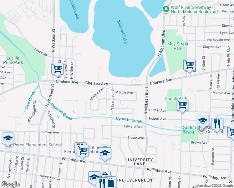 map of restaurants, bars, coffee shops, grocery stores, and more near 1240 North Evergreen Street in Memphis