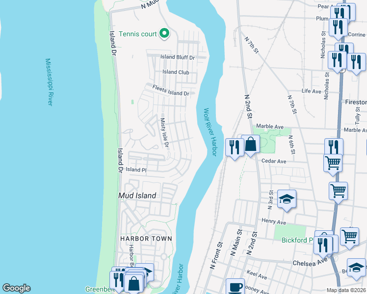 map of restaurants, bars, coffee shops, grocery stores, and more near 1155 Harbor River Cove in Memphis