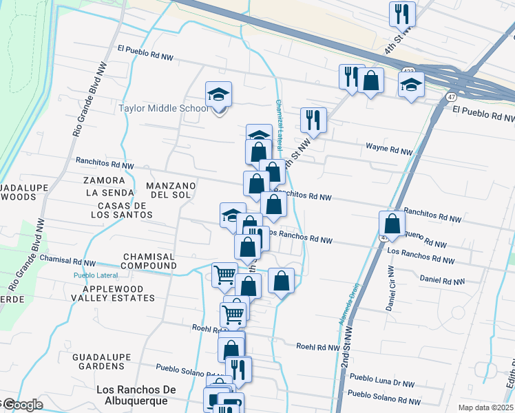 map of restaurants, bars, coffee shops, grocery stores, and more near 7809 4th Street Northwest in Los Ranchos de Albuquerque