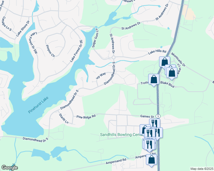 map of restaurants, bars, coffee shops, grocery stores, and more near 960 Diamondhead Drive South in Pinehurst