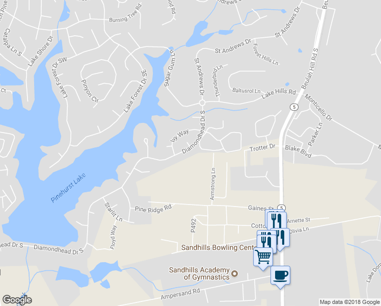 map of restaurants, bars, coffee shops, grocery stores, and more near 960 Diamondhead Drive South in Pinehurst