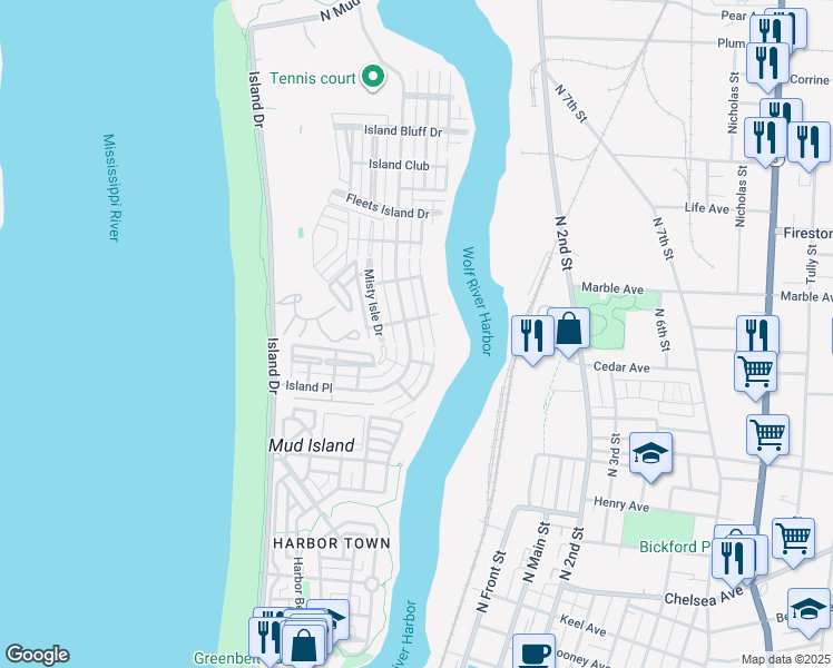 map of restaurants, bars, coffee shops, grocery stores, and more near 1155 Harbor River Cove in Memphis