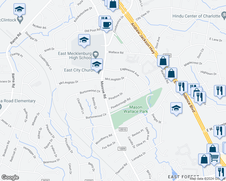 map of restaurants, bars, coffee shops, grocery stores, and more near 911 Burtonwood Circle in Charlotte