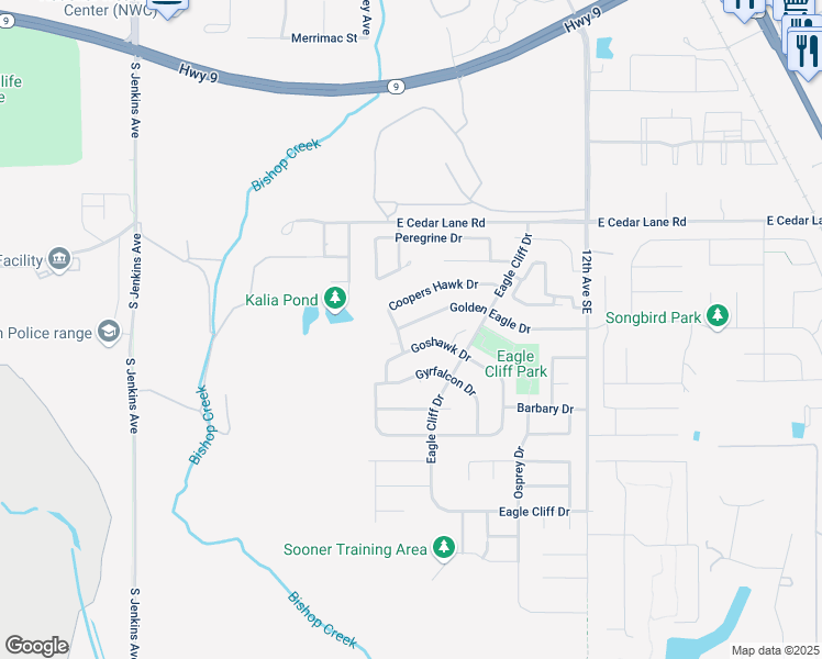 map of restaurants, bars, coffee shops, grocery stores, and more near 608 Golden Eagle Drive in Norman