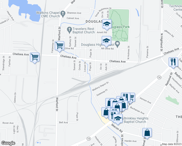 map of restaurants, bars, coffee shops, grocery stores, and more near 1438 Pope Street in Memphis