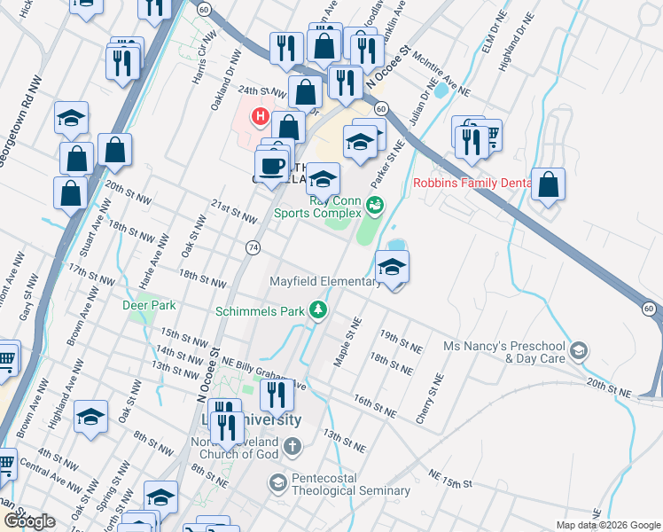 map of restaurants, bars, coffee shops, grocery stores, and more near 2141 Parker Street Northeast in Cleveland