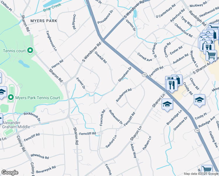map of restaurants, bars, coffee shops, grocery stores, and more near 1918 Shoreham Drive in Charlotte