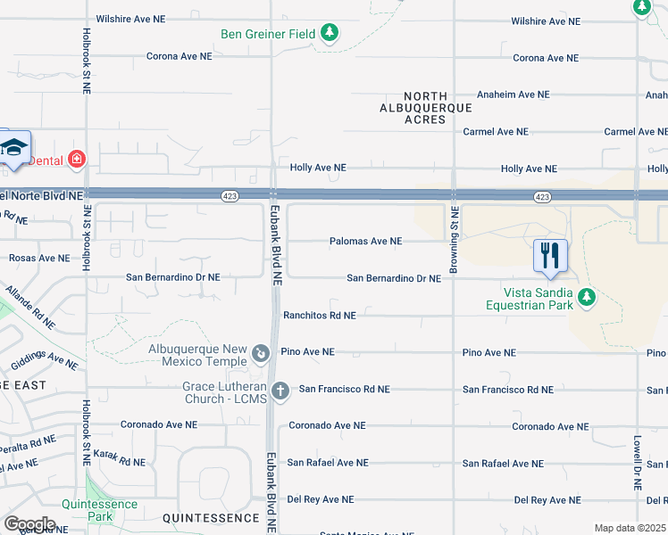 map of restaurants, bars, coffee shops, grocery stores, and more near 10700 Palomas Avenue Northeast in Albuquerque