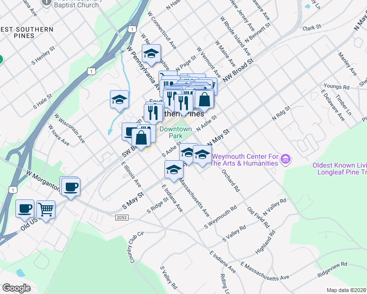 map of restaurants, bars, coffee shops, grocery stores, and more near 195 South Ashe Street in Southern Pines