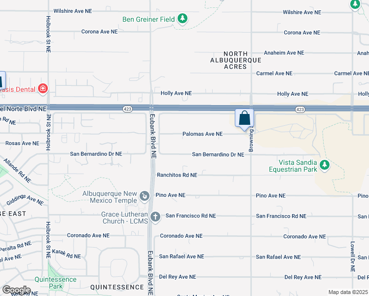 map of restaurants, bars, coffee shops, grocery stores, and more near 10700 Palomas Avenue Northeast in Albuquerque