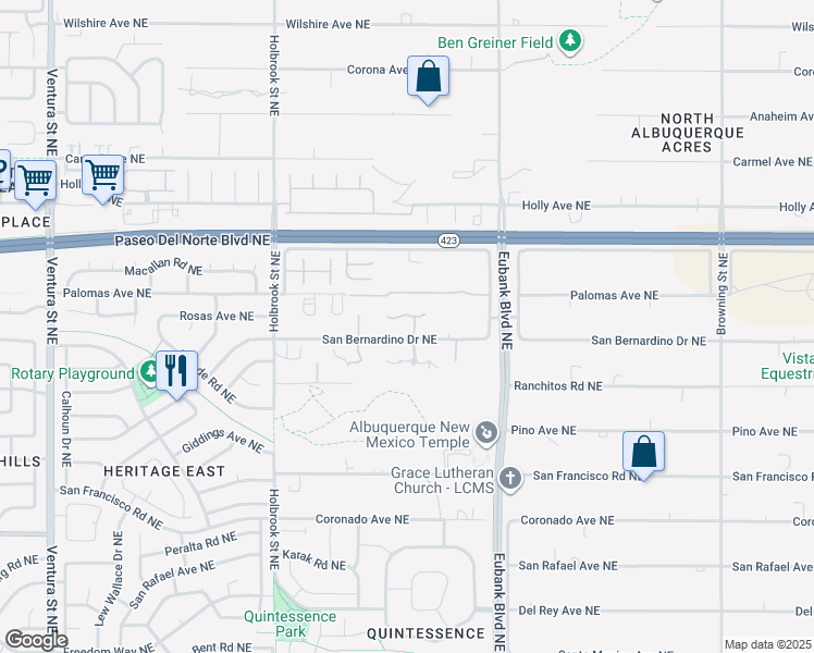 map of restaurants, bars, coffee shops, grocery stores, and more near 10009 San Bernardino Drive Northeast in Albuquerque