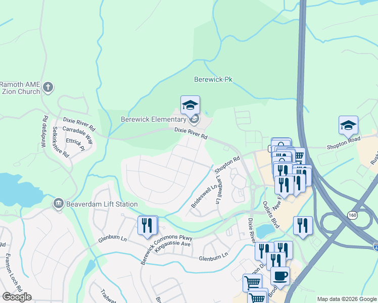 map of restaurants, bars, coffee shops, grocery stores, and more near 9744 Elgin Moor Road in Charlotte