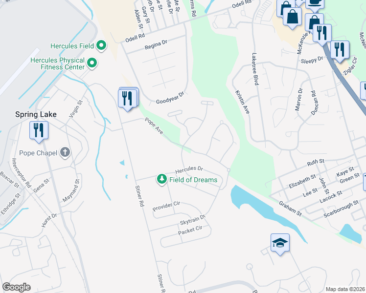map of restaurants, bars, coffee shops, grocery stores, and more near Pope Avenue in Fayetteville