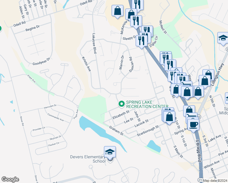 map of restaurants, bars, coffee shops, grocery stores, and more near 602 Duncan Road in Spring Lake