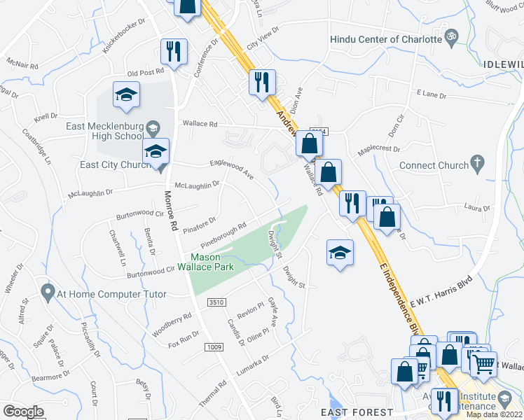 map of restaurants, bars, coffee shops, grocery stores, and more near 814 Pineborough Road in Charlotte