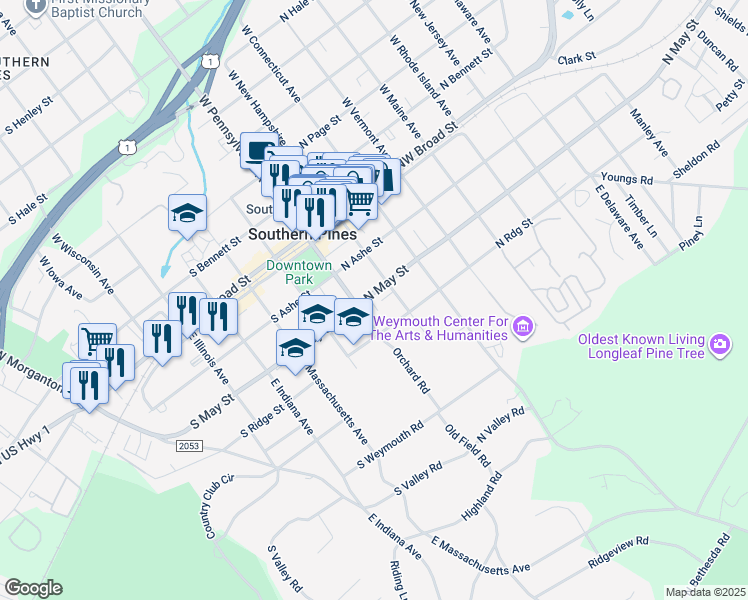 map of restaurants, bars, coffee shops, grocery stores, and more near 145 North May Street in Southern Pines