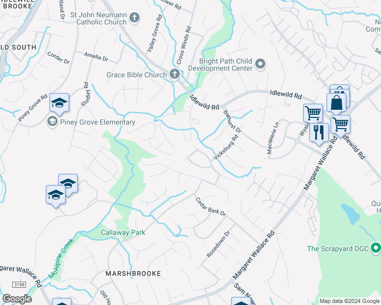map of restaurants, bars, coffee shops, grocery stores, and more near 8612 Silver Falls Way in Charlotte