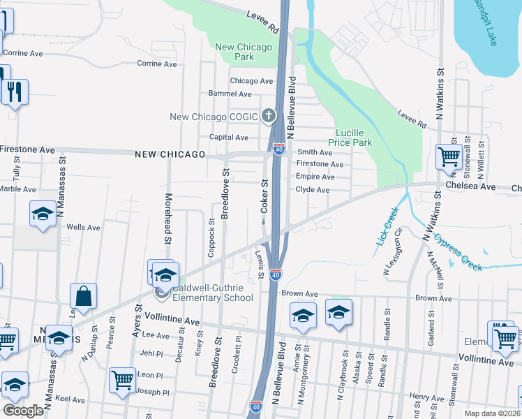 map of restaurants, bars, coffee shops, grocery stores, and more near 1191 Coker Street in Memphis