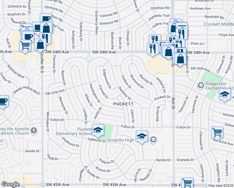 map of restaurants, bars, coffee shops, grocery stores, and more near 3723 Farwell Drive in Amarillo