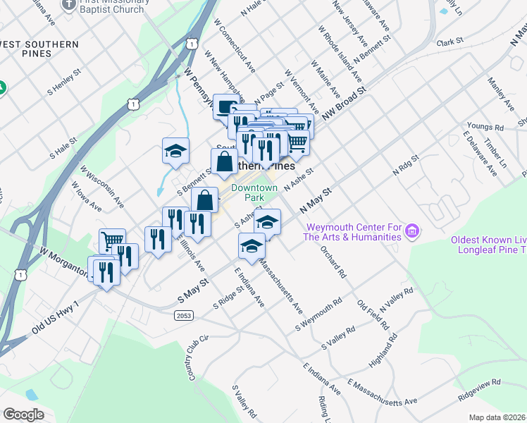 map of restaurants, bars, coffee shops, grocery stores, and more near 195 South Ashe Street in Southern Pines
