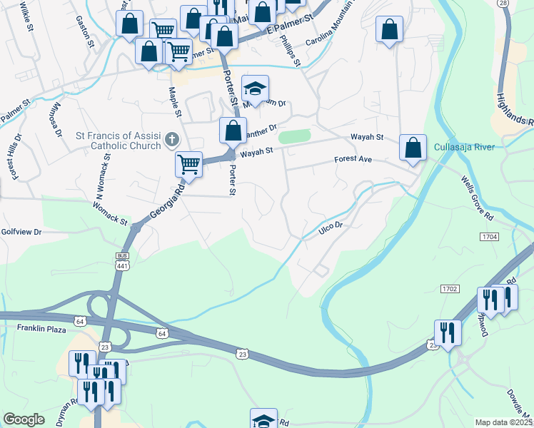 map of restaurants, bars, coffee shops, grocery stores, and more near 245 Hillcrest Circle in Franklin
