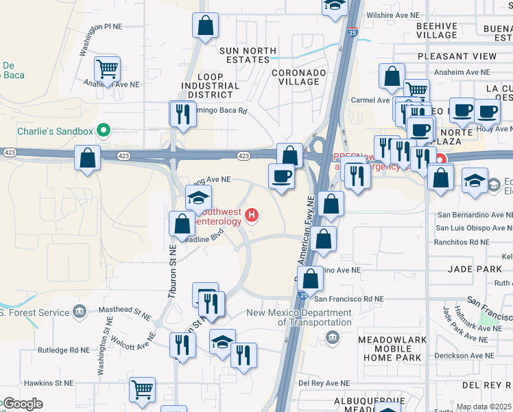 map of restaurants, bars, coffee shops, grocery stores, and more near 7800 Headline Boulevard Northeast in Albuquerque