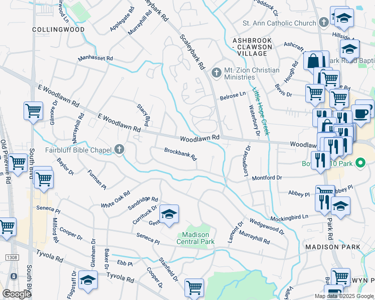 map of restaurants, bars, coffee shops, grocery stores, and more near 1006 East Woodlawn Road in Charlotte