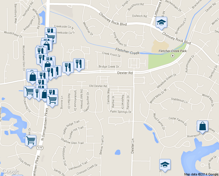 map of restaurants, bars, coffee shops, grocery stores, and more near 8373 Old Dexter Road in Memphis