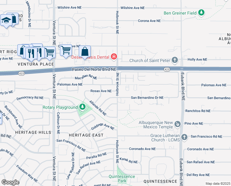 map of restaurants, bars, coffee shops, grocery stores, and more near 9657 San Bernardino Drive Northeast in Albuquerque