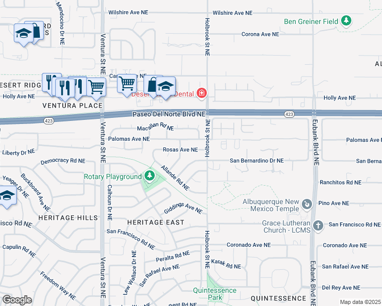 map of restaurants, bars, coffee shops, grocery stores, and more near 9616 Rosas Avenue Northeast in Albuquerque