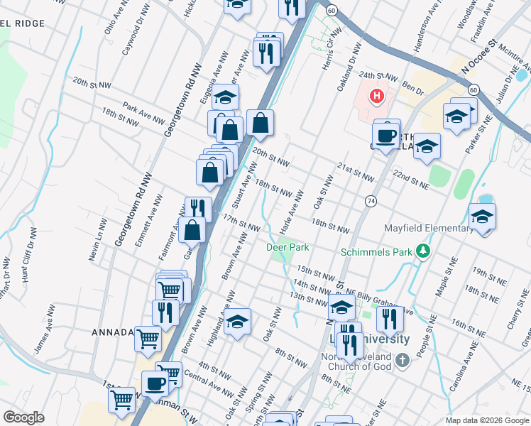 map of restaurants, bars, coffee shops, grocery stores, and more near 1755 Highland Avenue Northwest in Cleveland