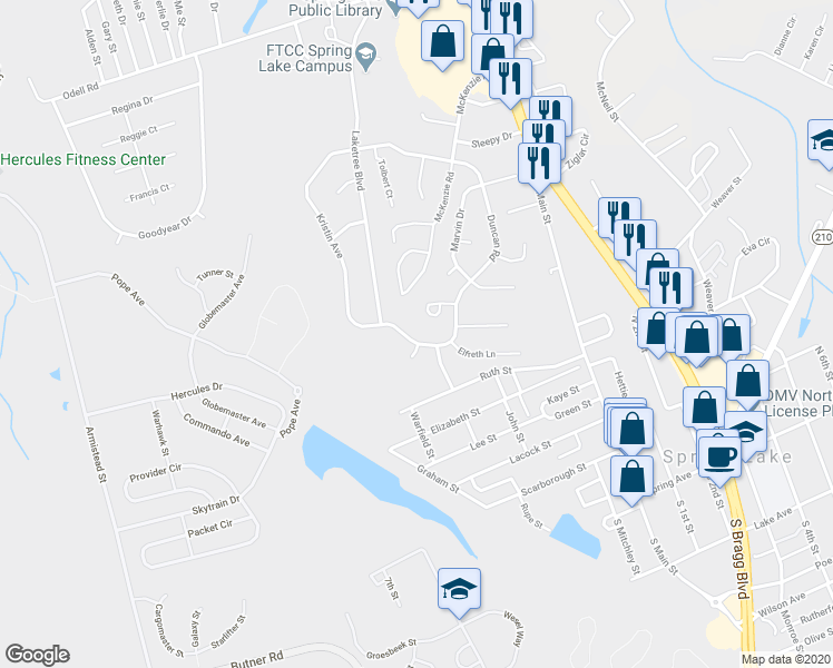 map of restaurants, bars, coffee shops, grocery stores, and more near 606 Duncan Road in Spring Lake