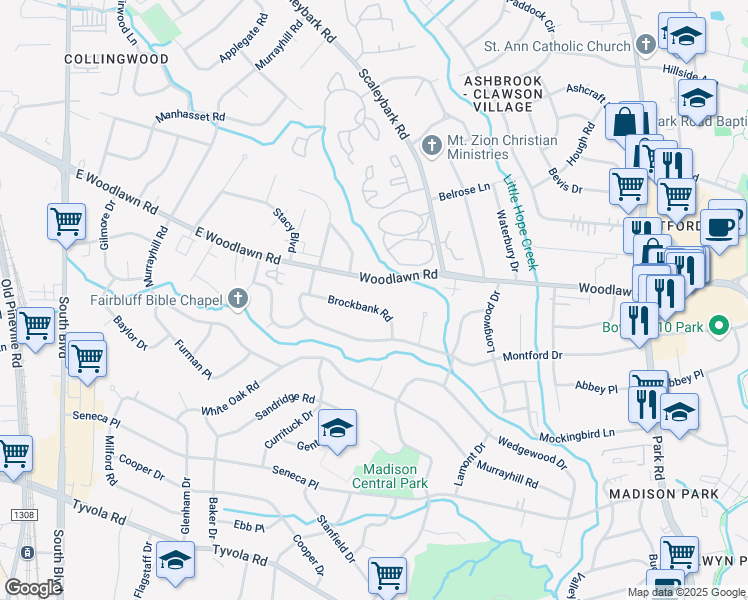 map of restaurants, bars, coffee shops, grocery stores, and more near 1006 East Woodlawn Road in Charlotte