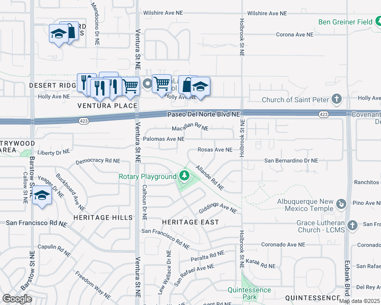 map of restaurants, bars, coffee shops, grocery stores, and more near 9508 Rosas Avenue Northeast in Albuquerque
